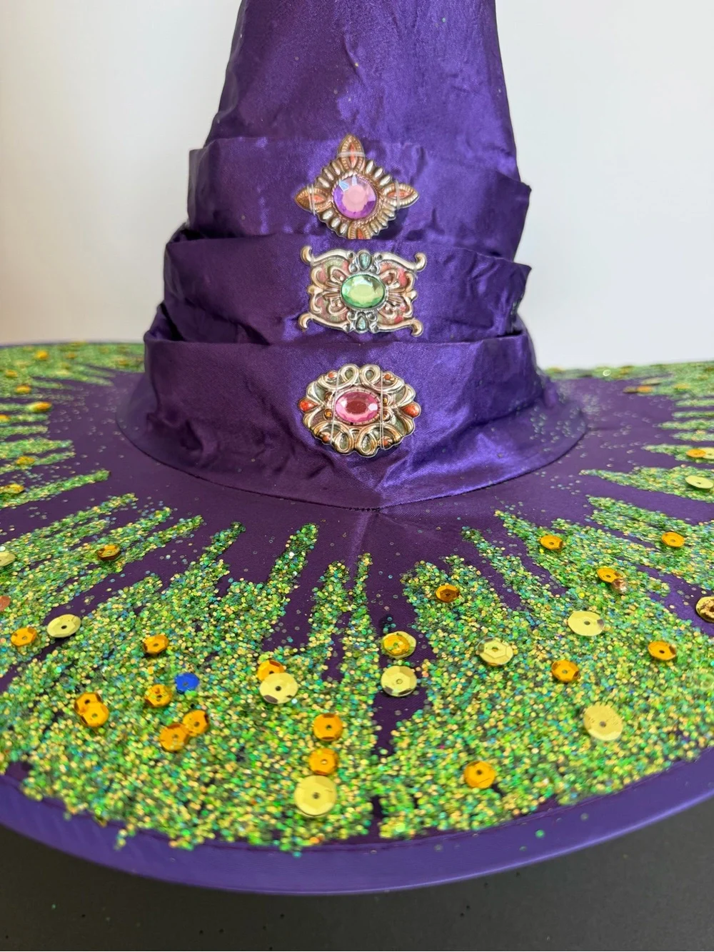 Witch Hat – wizard hat -Halloween -purple satin with Green glitter & jewels OS